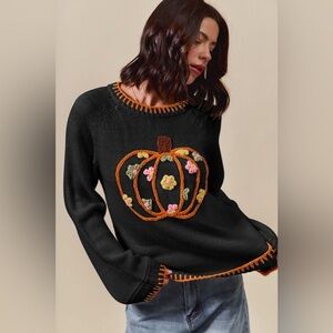SO ME Pumpkin Floral Embroidered Thanksgiving Sweater